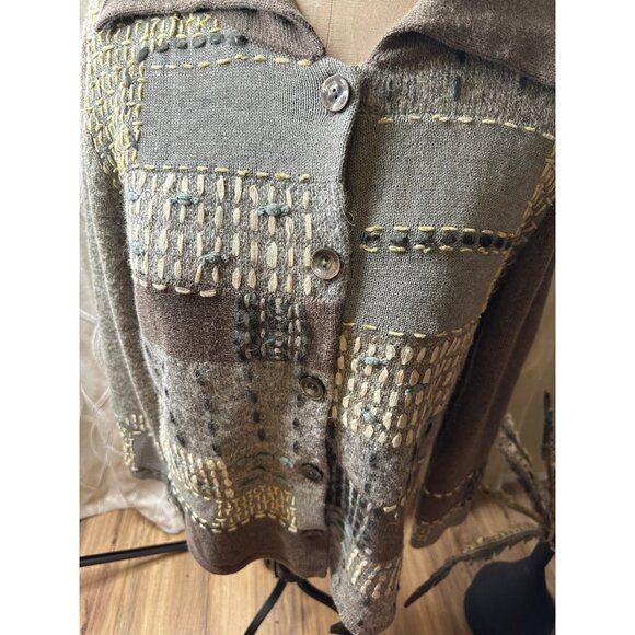 J Jill Patchwork Wool Blend Cardigan Sweater Chunky Mixed Knit Heather Pewter M - Picture 8 of 16